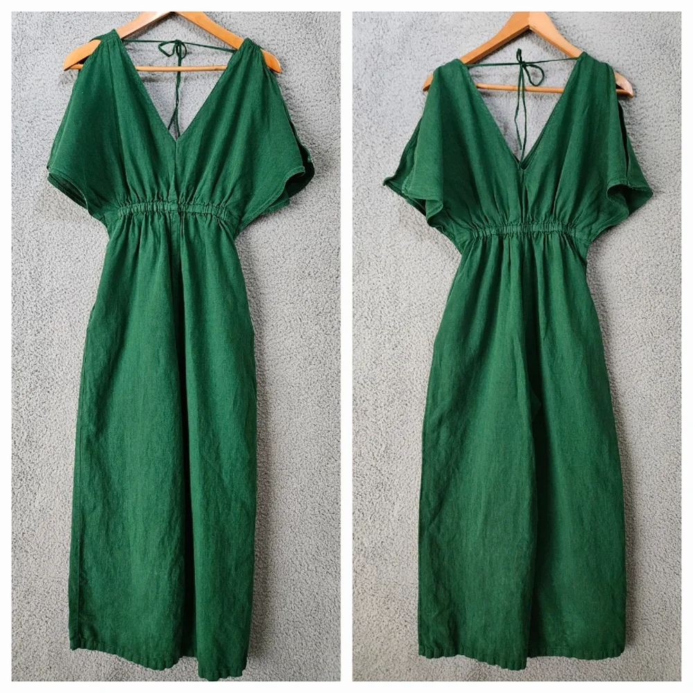 Zara Green Jumpsuit XS Rustic Linen Blend Wide Leg V-Neck Tie Back Short Sleeve